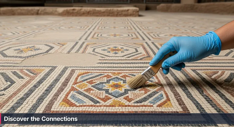 Close-up of an archaeologist's hand brushing dust from a mosaic tile, symbolizing uncovering hidden cybersecurity job connections in Athens, GA for 2026.