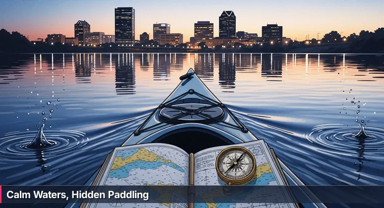 A kayak glides on the calm Oconee River at dusk with Athens downtown skyline, symbolizing hidden effort in tech affordability.