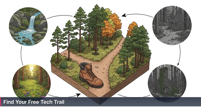 A hiking boot on a dirt path in Athens, GA woods, with a narrow side trail symbolizing accessible, free tech training opportunities.