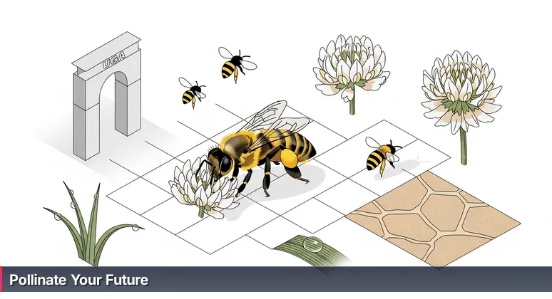 A honeybee collects pollen on a white clover blossom in Athens, GA, with the University of Georgia Arch softly visible in the background, symbolizing hidden AI job opportunities.