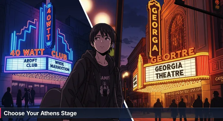 A tech professional standing at a crossroads in downtown Athens, with blended scenes of iconic music venues and modern coworking spaces, symbolizing the strategic choice of workspace.