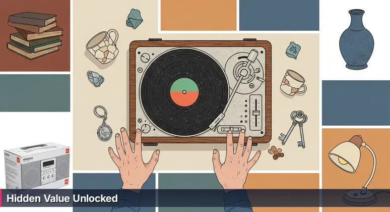 Close-up of hands at an Athens garage sale considering a vintage turntable priced at $20, ignoring a new stereo in its box.