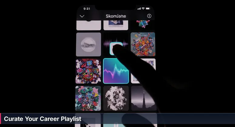 Smartphone screen at night showing a music playlist titled 'Athens Commute' with a thumb hovering over track 7, symbolizing career curation for women in tech.