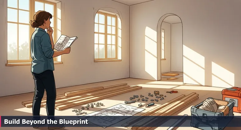 A person in a sunlit Riverside tract home workshop, holding an assembly manual, gazing thoughtfully at an unexpected archway, symbolizing custom AI career building for local challenges.