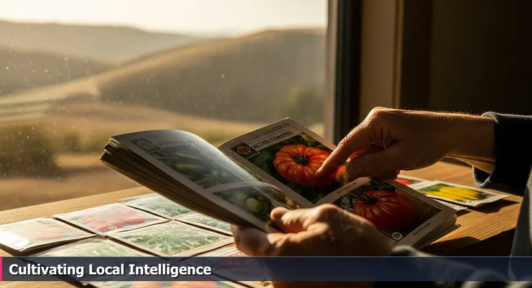 A gardener's hands hover over a seed catalog with Riverside's dry hills visible through a window, symbolizing AI startups tailored to local economic needs.