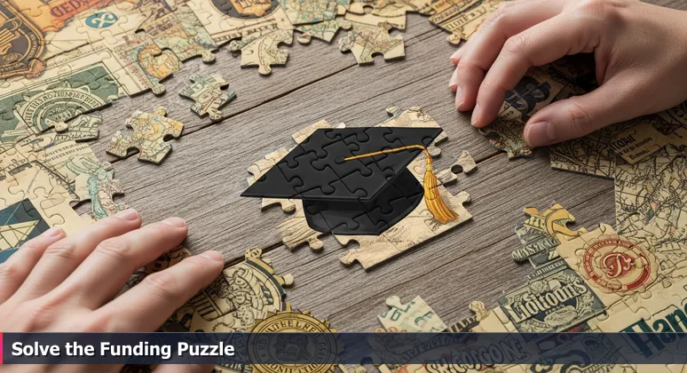 Two hands placing the final jigsaw puzzle piece to complete an image of a graduation cap, with puzzle pieces showing symbols of funding like money, academic seals, and corporate logos for tech training in Riverside.