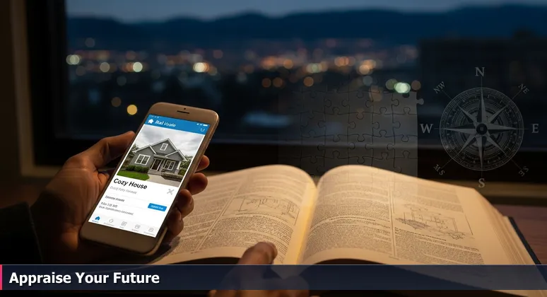 Hand holding a smartphone at night, glowing with a real estate app showing an affordable house. Through a window, distant city lights and mountain silhouettes highlight Riverside's lifestyle contrasts.