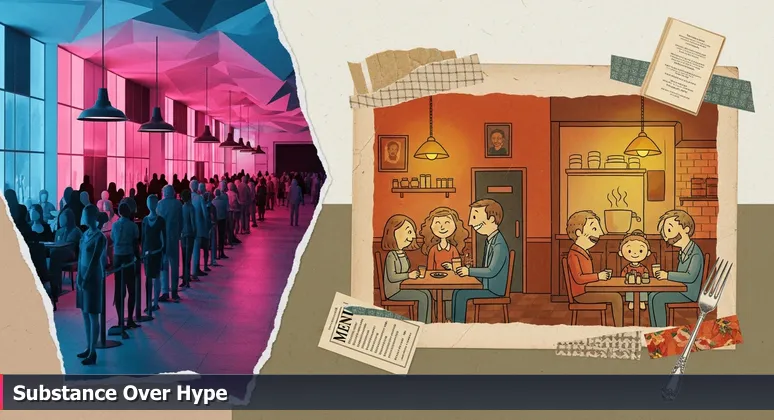 A split-scene image contrasting a flashy crowded restaurant with a cozy family-owned eatery, symbolizing career choices between hype and substance in AI engineering.