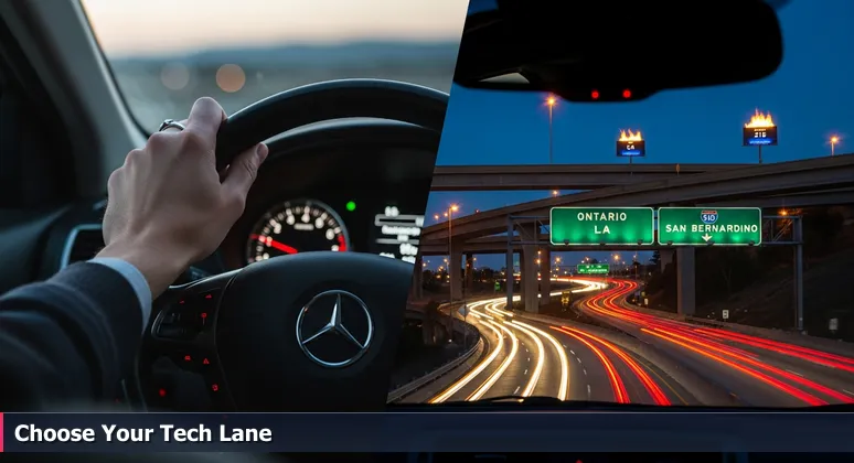A driver's perspective merging onto the 91-60-215 interchange in Riverside at dusk, with glowing freeway signs for Ontario, LA, and San Bernardino symbolizing career choices.