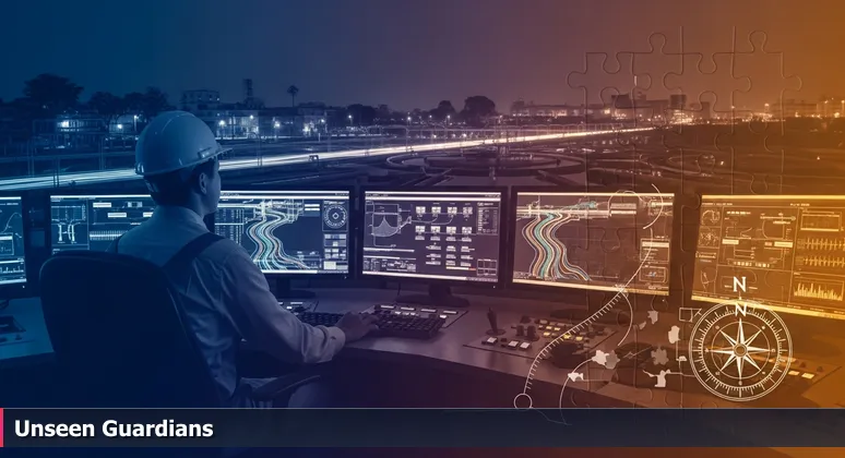 A cybersecurity operator monitors SCADA systems in a water treatment plant control room in Riverside, CA, symbolizing digital guardianship.