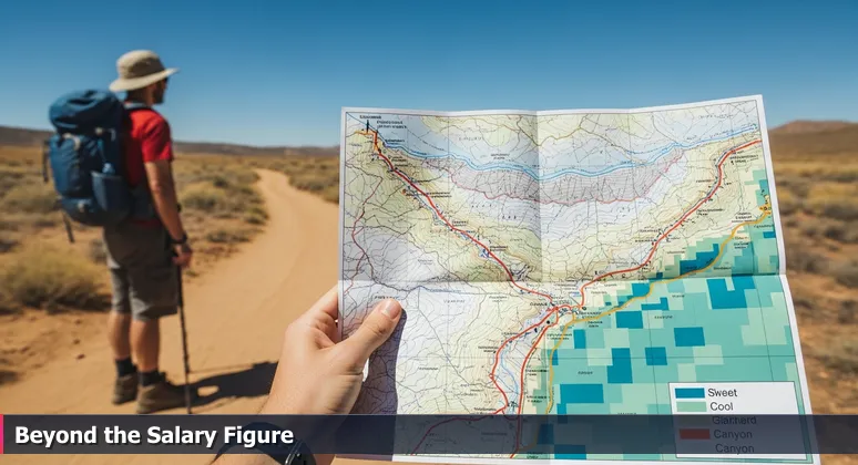 A hiker at a trail fork holding a topographical map, representing the decision between salary offers and actual affordability in Riverside, CA.