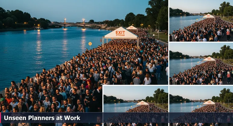A dense crowd smoothly exiting the Fox Theater in Riverside, representing AI-driven logistics and planning in local industries for accessibility.