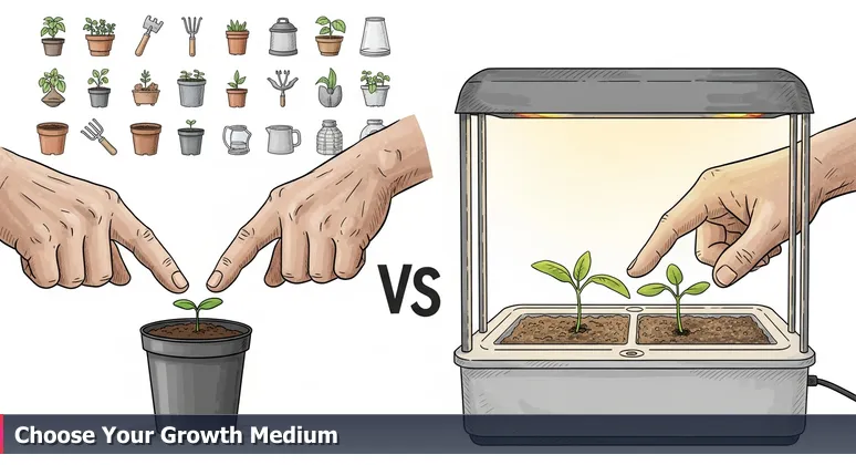 Close-up of gardener's weathered hands choosing between seedlings in a basic pot and a specialized propagation tray, symbolizing strategic selection of tech coworking spaces in Riverside for venture growth.