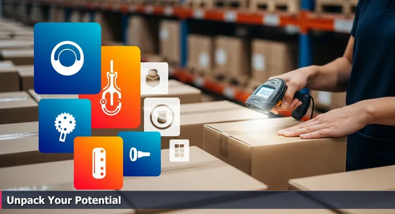 Close-up of a warehouse worker's hands using a barcode scanner on an unmarked cardboard box, with the scanner screen glowing to reveal valuable tech components inside, symbolizing skills over degrees in Riverside's job market.