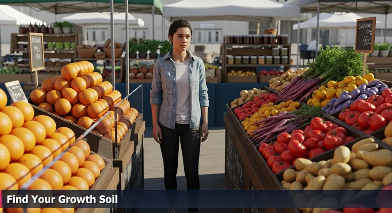 A vibrant farmers market scene in Riverside symbolizing the choice between corporate and startup tech jobs for junior developers.