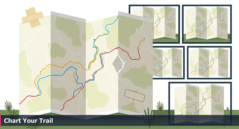 A detailed, worn trail map with highlighted paths and handwritten notes, symbolizing navigation for women in tech careers in Riverside, CA's 2026 ecosystem.