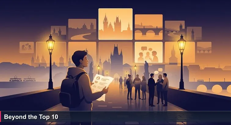 Person on Charles Bridge at dusk holding a crumpled 'Top 10' list, wet cobblestones and glowing streetlamps; evokes Prague's AI startup scene and discovery.