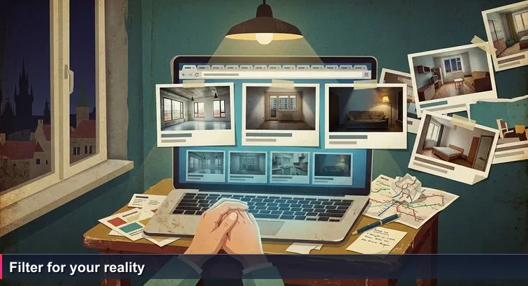 Dim Prague kitchen at midnight with laptop showing Sreality sorted by “Price: Highest first”; handwritten note, tea mug, and scattered tabs visible.