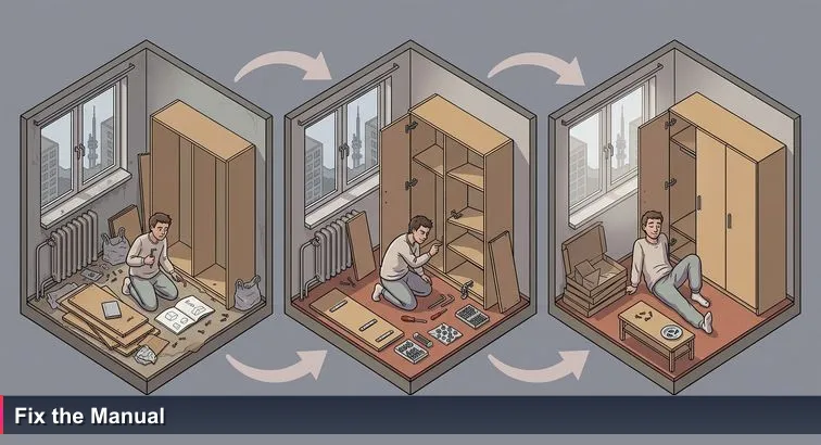 Cramped Prague panelák living room with flat-pack wardrobe pieces, screws scattered, an open Czech-language assembly manual and a person kneeling with an Allen key, Žižkov TV Tower visible outside.