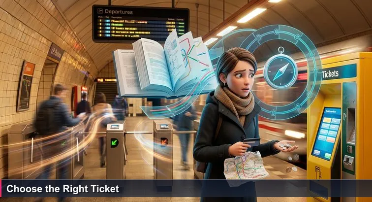 Early morning at Prague’s I.P. Pavlova metro: a young professional in a winter coat hesitates at a yellow ticket machine, holding coins, a bank card and a folded metro map while trains rush by and commuters pass through turnstiles.