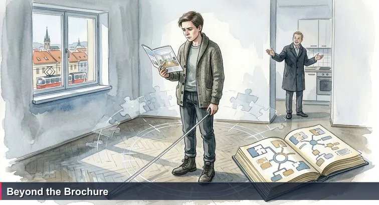 A young professional stands in an almost-empty Žižkov flat holding a glossy brochure while a metal measuring tape stretches across the floor, winter light through a small window.