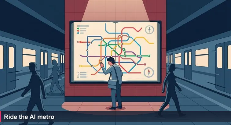 Nighttime inside Prague’s Muzeum metro: a lone commuter studies the red-green metro map while trains rush by, evoking the overwhelm of navigating Prague’s busy AI meetup network.