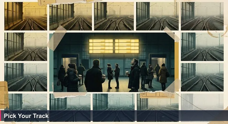 Prague hlavní nádraží departure board glowing at dawn, rows of destinations with commuters in coats looking up, tracks visible through fog outside the glass doors.