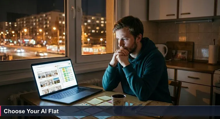 A young professional at a small Prague kitchen table late at night, laptop showing apartment listings and a color-coded spreadsheet, post-it notes scattered, tram glow outside.