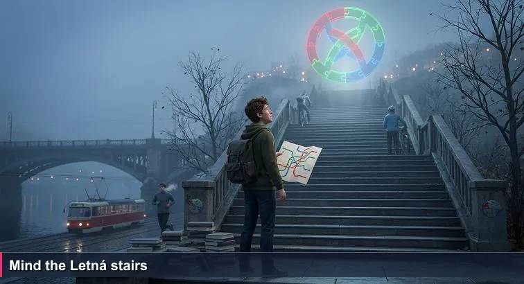 A young developer at the base of the Letná stairs in late autumn, holding a folded metro map and a laptop backpack, foggy city and trams in the background.