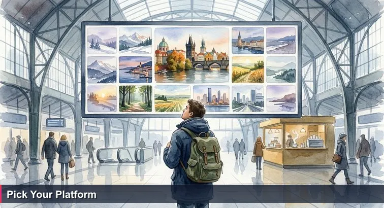 A lone traveller with a backpack stands beneath the large departure board at Praha hlavní nádraží; rows of destinations flicker as commuters pass by.