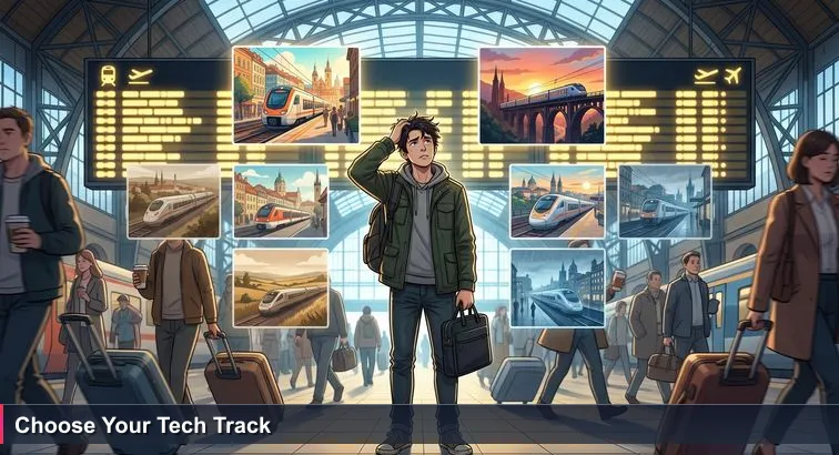 A young founder with a backpack and laptop bag stands beneath the large yellow departure board at Praha hlavní nádraží, scanning train destinations like Brno and Vienna.