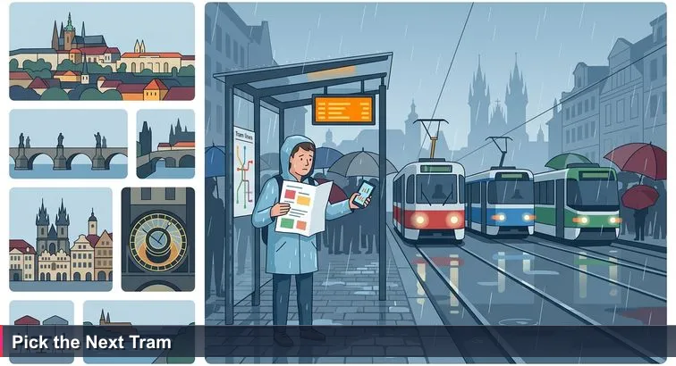 A rainy Prague tram stop with a soaked tourist holding a crumpled ‘Top 10’ printout, trams approaching, wet cobblestones, glowing digital board and blurred headlights.