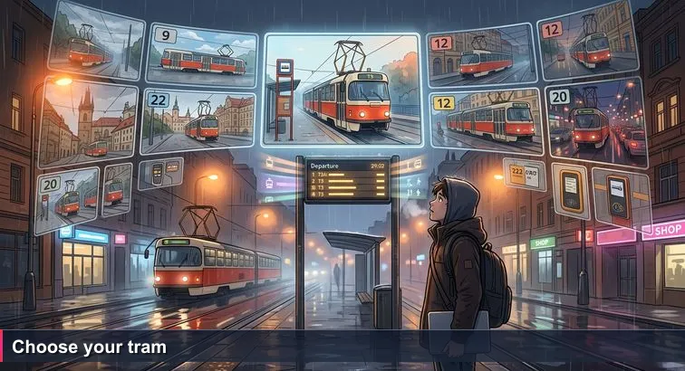 A young developer with a backpack stares up at a glowing digital departure board at Prague’s Anděl tram stop on a rainy evening, sorting through ten scrolling tram listings.