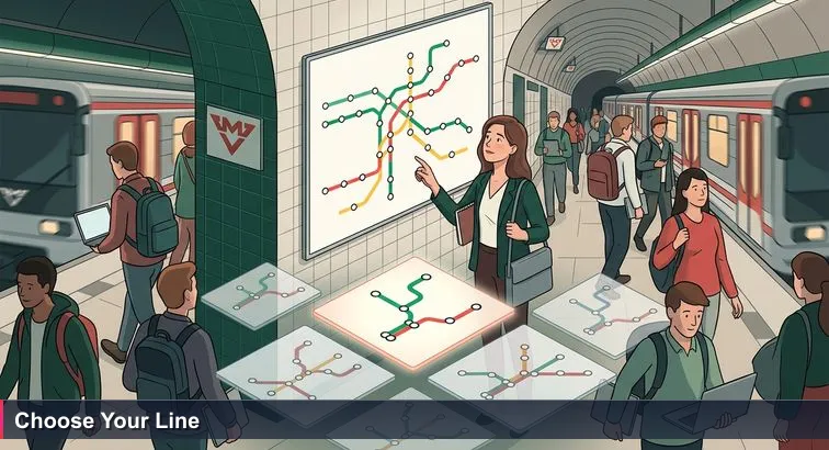 A young woman at Prague’s Muzeum metro platform studies a large coloured metro map, holding a notebook and laptop bag amid rush-hour commuters and rumbling trains.