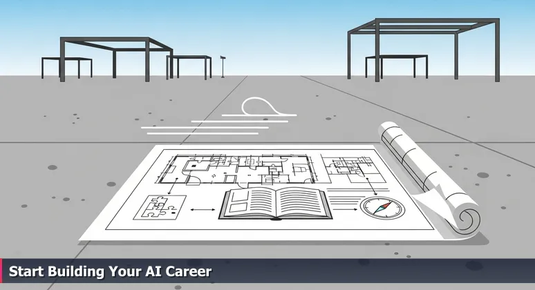 A conceptual blueprint for a building lies on a dusty concrete slab in an empty construction lot in Plano, Texas, with half-built steel frames in the background under a clear sky.