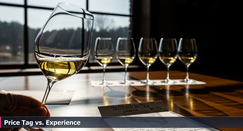 A hand holding a wine glass with sunlight creating a prism effect, beside a price tag on tasting notes, representing tech career evaluation in Plano, Texas.