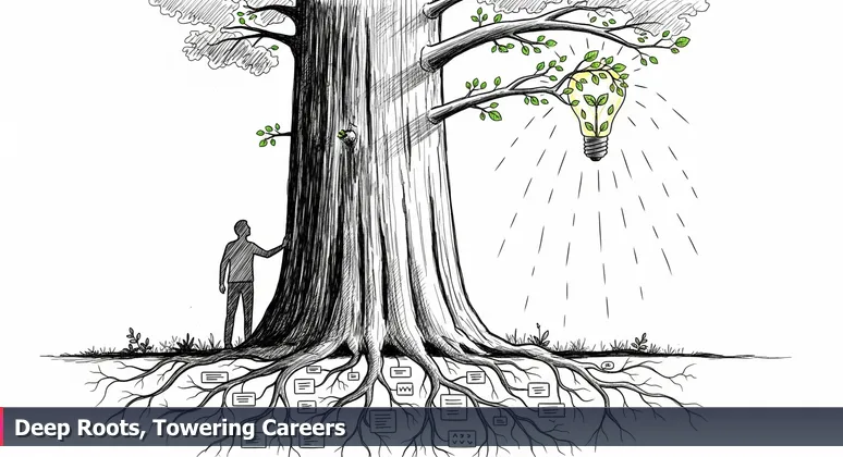 A tech professional looking up at a towering redwood tree in a forest, symbolizing the deep-rooted stability and growth of Plano's tech career ecosystem for 2026.