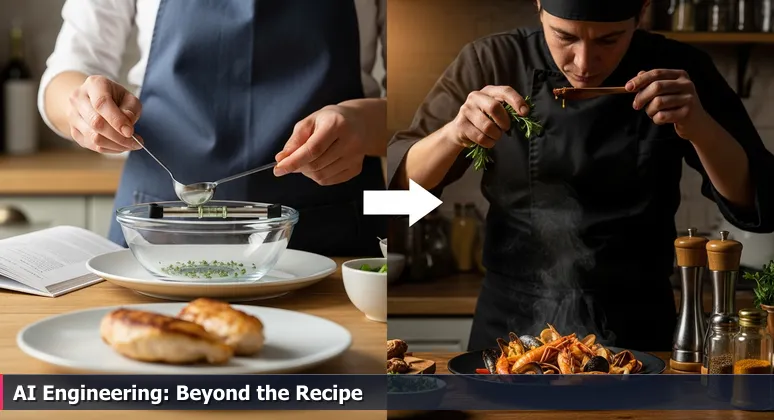 Home cook and chef metaphor for AI engineering in Plano, showing the difference between following steps and developing intuition.