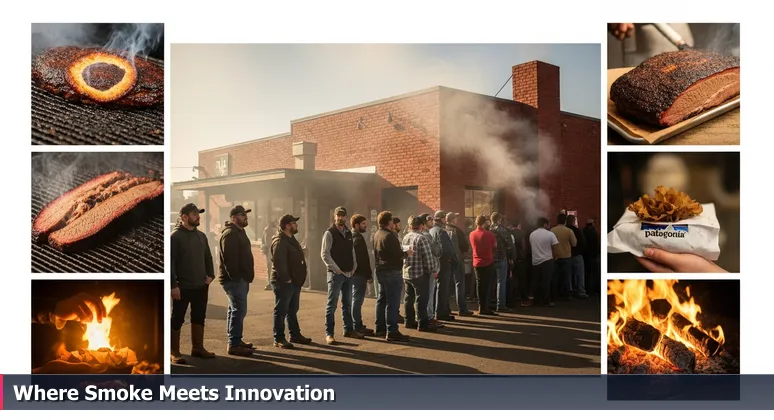 A line of diverse people waiting outside a smoky Texas BBQ joint in Plano, TX, symbolizing the anticipation and community evaluation of local AI startups.