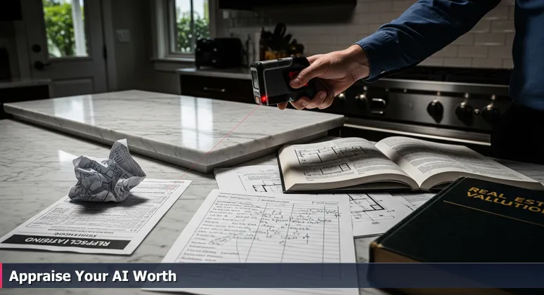 A real estate appraiser using a laser measurer to assess a modern kitchen in Plano, with detailed appraisal notes symbolizing precise AI salary valuation.