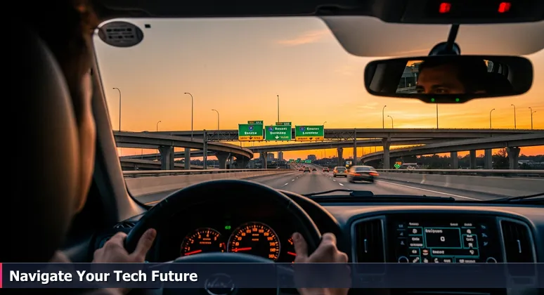 A driver's-eye view from a car at a busy Dallas-Fort Worth highway interchange, with signs pointing to tech hubs like Legacy West and the Telecom Corridor in Plano.