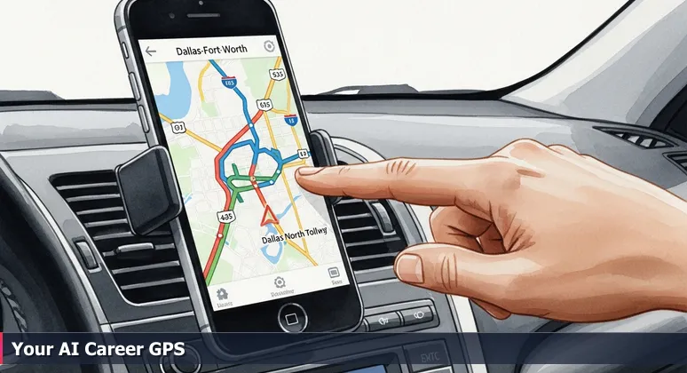 A smartphone GPS on a car dashboard showing a map of Dallas-Fort Worth with highlighted routes, representing the journey to choose an AI tech bootcamp in Plano, Texas.