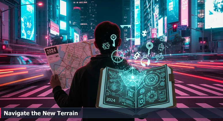 A confused person in Plano's futuristic Legacy West, holding a faded 2024 map, with self-driving cars and holographic ads in the background.