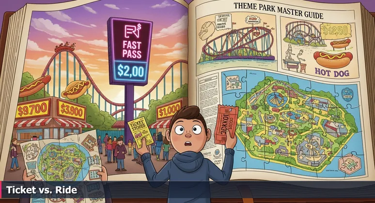 A person at an amusement park holding a ticket and looking at a price board with high costs, symbolizing the hidden expenses of living in Plano, TX for tech professionals.