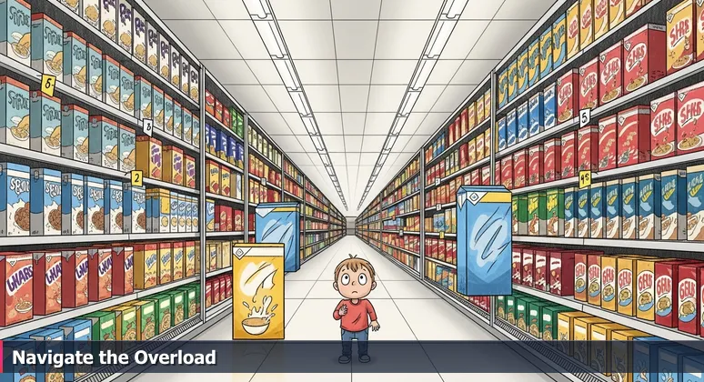 A person looking overwhelmed by multiple screens with tech course options, one highlighting a Plano library scene for free, guided learning.