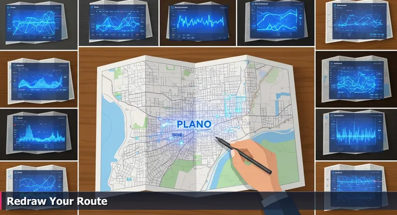A vintage paper map of Dallas-Fort Worth with a digital traffic overlay highlighting Plano's streets, symbolizing hidden AI job opportunities in traditional industries.