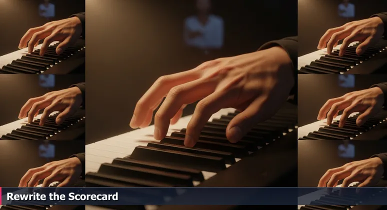 A close-up of skilled hands poised over a piano keyboard, with blurred judges holding clipboards in the background, representing tech talent in Plano evaluated beyond traditional degrees.