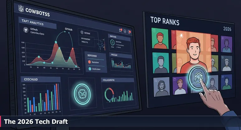 A futuristic NFL draft war room in Frisco, TX, with a screen displaying AI and coding analytics for scouting junior developer talent.