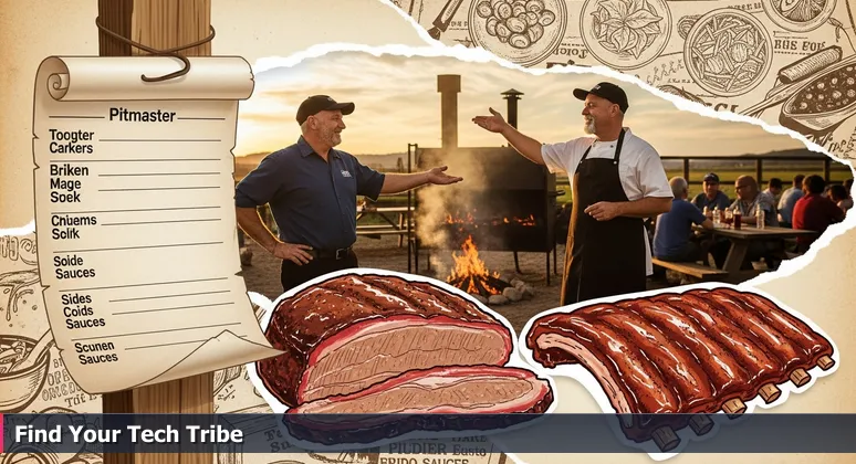 A vintage BBQ list on wood symbolizes tech rankings, with women networking in Plano's modern tech scene in the background.