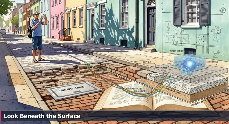 A tourist in Charleston photographing historic Rainbow Row, with modern fiber optic infrastructure visible beneath the surface, symbolizing hidden AI career opportunities.